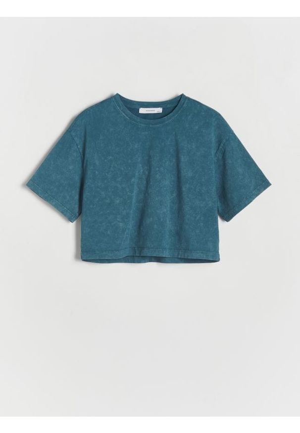 Reserved - T-shirt z efektem sprania - morski. Kolor: morski. Materiał: bawełna