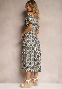 Renee - Szaro-Beżowa Sukienka z Wiskozy o Kroju Hiszpanki z Gumką w Pasie Zilalina. Typ kołnierza: dekolt hiszpanka. Kolor: szary. Materiał: wiskoza. Sezon: lato