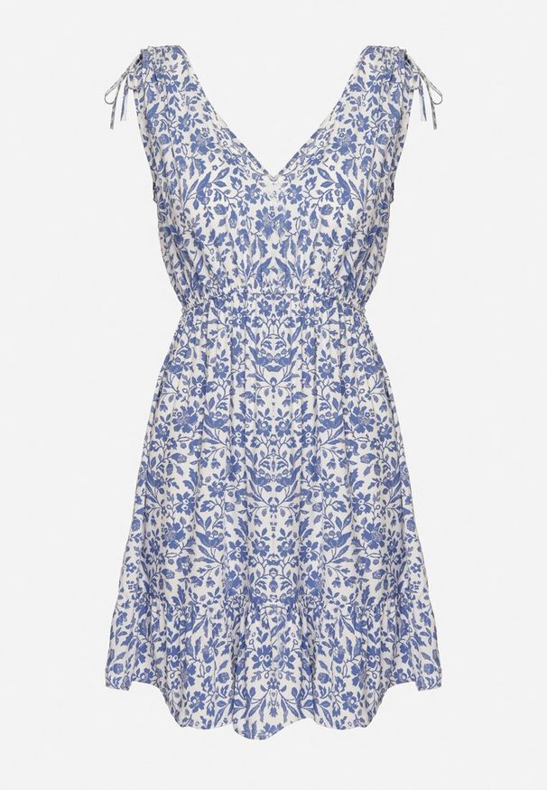 Born2be - Niebiesko-Biała Bawełniana Sukienka na Ramiączkach ze Ściągaczami i Guzikami z Gumką w Talii Tesria. Okazja: na spacer. Typ kołnierza: dekolt w kształcie V. Kolor: niebieski. Materiał: bawełna. Długość rękawa: na ramiączkach. Sezon: lato. Styl: elegancki