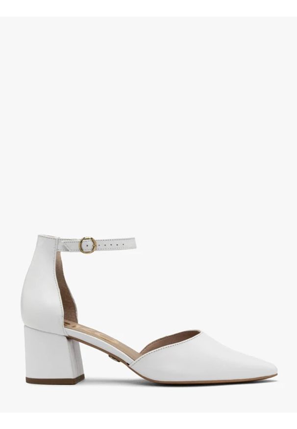 Ryłko - Białe czółenka damskie z paskiem wokół kostki. Zapięcie: pasek. Kolor: biały. Materiał: skóra. Obcas: na słupku. Styl: street