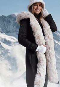 Born2be - Czarno-Beżowa Ocieplana Kurtka Parka ze Ściągaczem w Pasie z Odpinanym Futrem przy Kapturze Tintelissa. Okazja: na co dzień. Kolor: czarny. Materiał: futro. Styl: casual, elegancki, sportowy, klasyczny #6