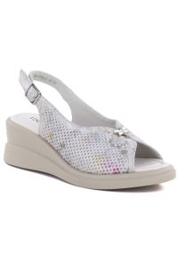 Skórzane sandały damskie na koturnie szare Vinceza 26-79614. Kolor: szary. Materiał: skóra. Obcas: na koturnie #1