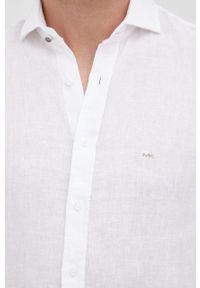 Michael Kors koszula lniana męska kolor biały slim z kołnierzykiem włoskim. Typ kołnierza: kołnierzyk włoski. Kolor: biały. Materiał: len. Wzór: aplikacja #4