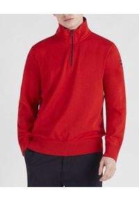 PAUL & SHARK - Czerwony sweter z kołnierzem. Kolor: czerwony. Materiał: jeans, bawełna. Długość rękawa: długi rękaw. Długość: długie. Wzór: aplikacja. Styl: sportowy #1