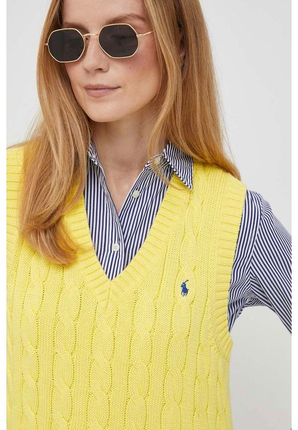 Polo Ralph Lauren kamizelka bawełniana kolor żółty. Okazja: na co dzień. Typ kołnierza: polo. Kolor: żółty. Materiał: bawełna. Wzór: ze splotem. Styl: casual