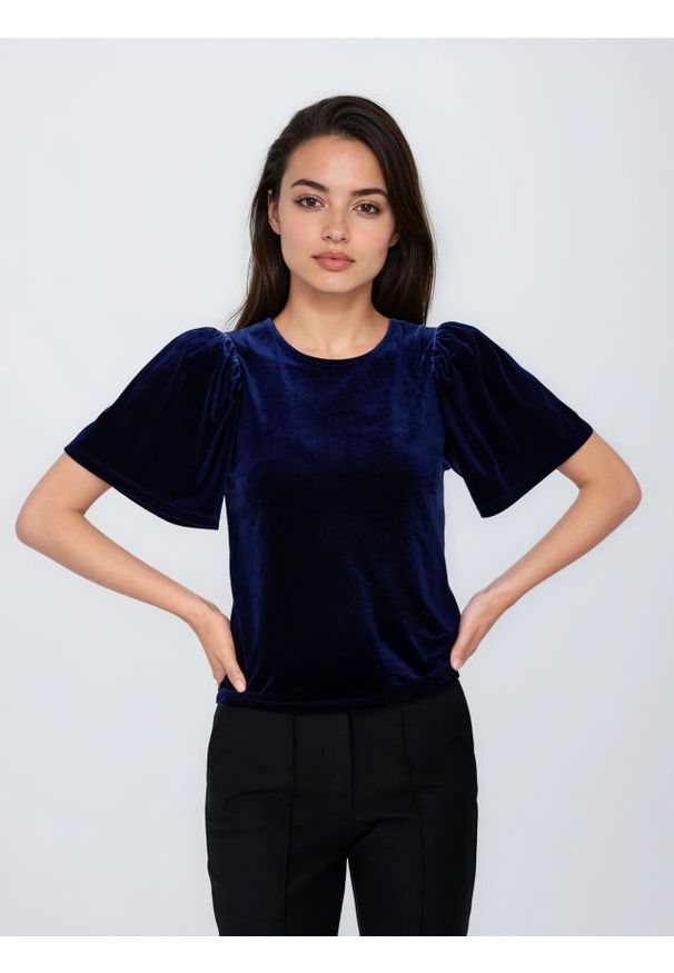 Reserved - Bluzka z bufiastymi rękawami - granatowy. Kolor: niebieski. Materiał: dzianina, welur