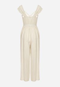 Born2be - Jasnobeżowy Wiskozowy Kombinezon na Ramiączkach z Materiałowym Paskiem i Gumkami w Talii Zadia. Kolor: beżowy. Materiał: materiał, wiskoza. Długość rękawa: na ramiączkach #5