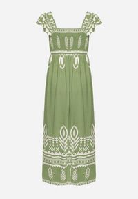 Born2be - Zielona Sukienka z Wiskozy o Rozkloszowanym Kroju w Ornamentalny Wzór Lisolira. Okazja: na co dzień, na imprezę, na spacer. Typ kołnierza: dekolt kwadratowy, kołnierz z falbankami. Kolor: zielony. Materiał: wiskoza. Długość rękawa: na ramiączkach. Sezon: lato. Styl: casual, elegancki #2