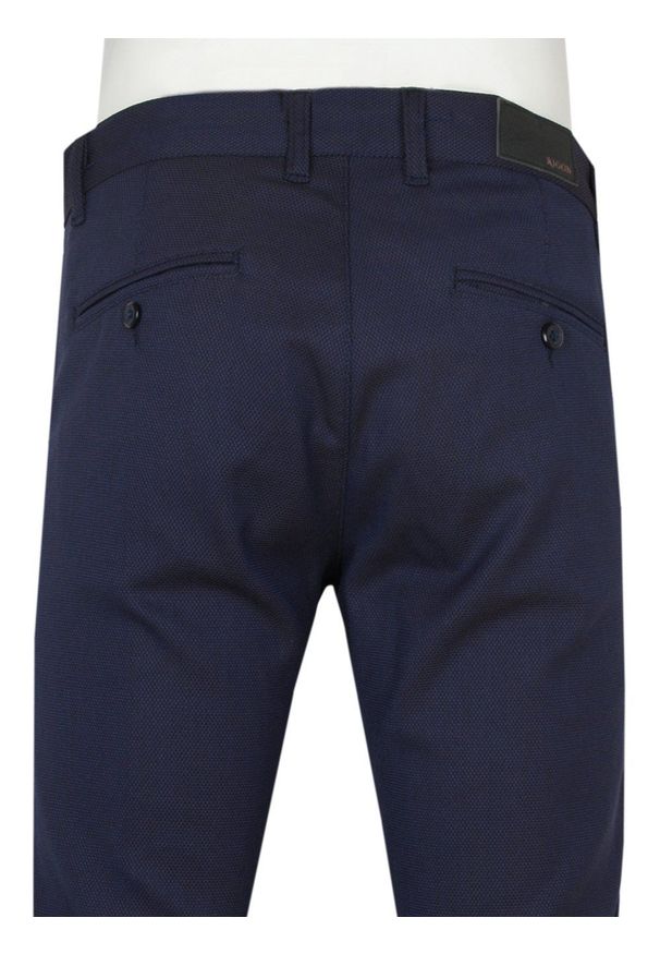 Rigon - Eleganckie Męskie Spodnie, Zwężane (Slim Fit) – RIGON - Granatowe, Drobna Faktura. Kolor: niebieski. Materiał: wiskoza, poliester, elastan. Styl: elegancki