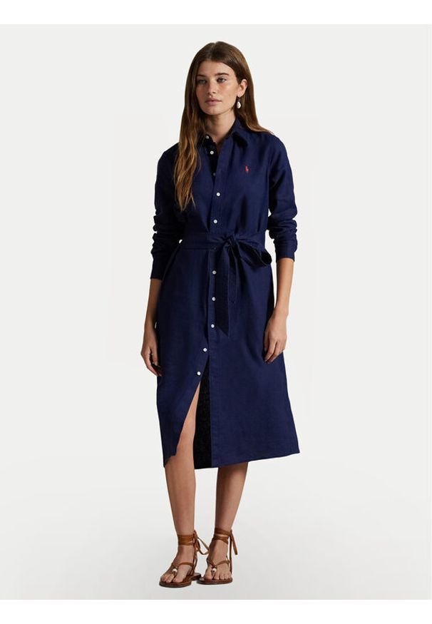 Polo Ralph Lauren Sukienka koszulowa 211943992005 Granatowy Regular Fit. Typ kołnierza: polo. Kolor: niebieski. Materiał: len. Typ sukienki: koszulowe