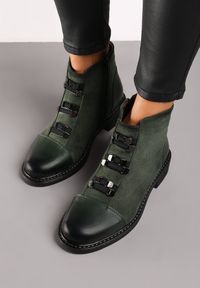 Born2be - Zielone Botki na Płaskiej Podeszwie z Metalowymi Ozdobami Cetilena. Kolor: zielony. Wzór: aplikacja. Obcas: na płaskiej podeszwie. Styl: elegancki #6