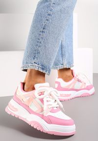 Renee - Różowe Sneakersy na Grubej Podeszwie z Szerokim Wiązaniem Iniestra. Okazja: na co dzień. Kolor: różowy