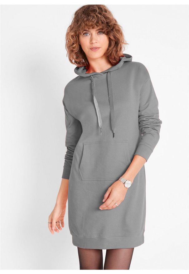 bonprix - Bawełniana sukienka dresowa. Typ kołnierza: kaptur. Kolor: szary. Materiał: bawełna, dresówka