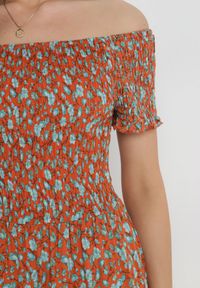 Born2be - Pomarańczowo-Niebieska Sukienka z Wiskozy Cheri. Typ kołnierza: dekolt hiszpanka. Kolor: pomarańczowy. Materiał: wiskoza. Wzór: kwiaty. Sezon: lato. Typ sukienki: rozkloszowane. Długość: maxi #4
