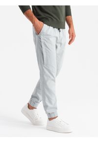 Ombre Clothing - Męskie dzianinowe spodnie joggery z ozdobną plisą – jasnoszare V3 - Rozmiar: M. Okazja: na co dzień. Kolor: szary. Materiał: dzianina. Długość: długie. Wzór: aplikacja, jednolity. Styl: casual