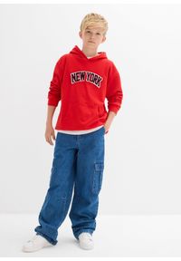 bonprix - Bluza z kapturem z czystej bawełny. Typ kołnierza: kaptur. Kolor: czerwony. Materiał: bawełna. Wzór: nadruk