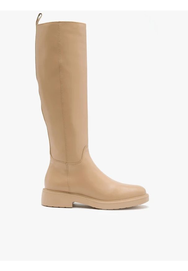 Ryłko - Beżowe kozaki z wąską cholewką. Nosek buta: okrągły. Zapięcie: zamek. Kolor: beżowy. Materiał: skóra. Szerokość cholewki: wąska. Obcas: na obcasie. Styl: street. Wysokość obcasa: średni