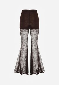 Renee - Brązowe Spodnie High Waist o Kroju Dzwonów z Koronki Ferella. Okazja: na randkę. Stan: podwyższony. Kolor: brązowy. Materiał: koronka. Wzór: koronka. Styl: elegancki, klasyczny #5