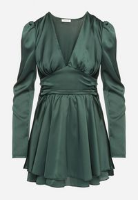 Born2be - Ciemnozielona Satynowa Sukienka Mini z Głębokim Dekoltem i Wiązaniem z Tyłu Liadan. Okazja: na imprezę. Kolor: zielony. Materiał: satyna. Styl: elegancki. Długość: mini #5