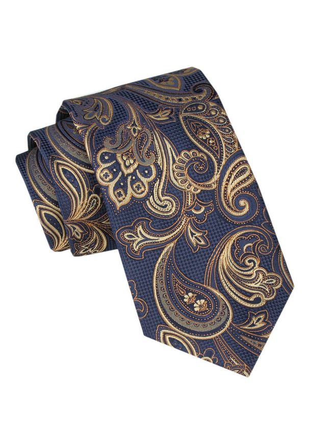 Męski Krawat - Alties - Granatowe Tło ze Złotym Wzorem. Kolor: niebieski, wielokolorowy, złoty, żółty. Materiał: tkanina. Styl: elegancki, wizytowy