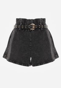 Renee - Czarne Jeansowe Szorty z Gumką w Pasie i Paskiem z Imitacji Skóry Alyssania. Okazja: na co dzień. Kolor: czarny. Materiał: jeans, skóra. Sezon: lato. Styl: sportowy, casual #3