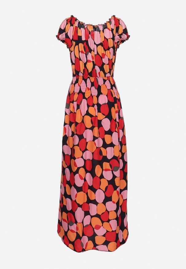 Born2be - Czerwono-Różowa Bawełniana Sukienka z Gumką Przy Dekolcie i w Talii Pietricea. Okazja: na co dzień, na randkę. Typ kołnierza: dekolt hiszpanka. Kolor: czerwony. Materiał: bawełna. Wzór: kropki. Sezon: lato. Typ sukienki: rozkloszowane. Styl: klasyczny, casual, elegancki