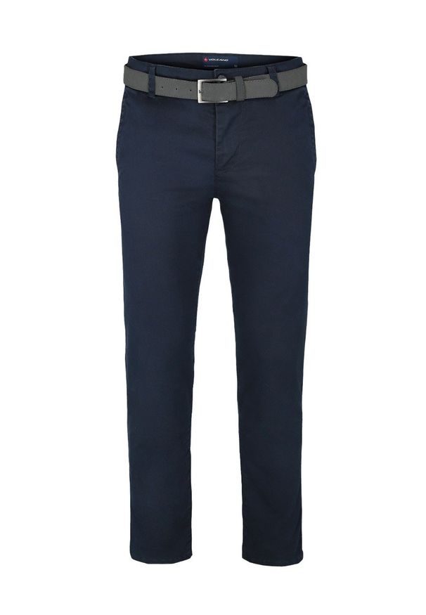 Volcano - Granatowe spodnie chino z paskiem, krój z prostą nogawką R-LUCKY. Kolor: niebieski. Materiał: jeans, elastan, materiał, bawełna. Sezon: wiosna, lato. Styl: klasyczny, elegancki