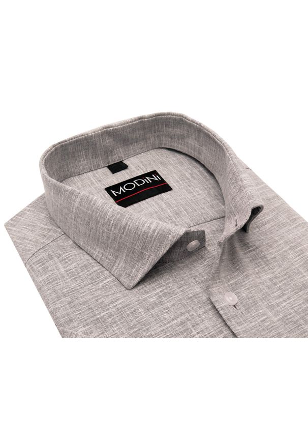 Modini - Szara koszula męska z krótkim rękawem - melanż DK13. Kolor: szary. Materiał: tkanina, poliester, bawełna. Długość rękawa: krótki rękaw. Długość: krótkie. Wzór: melanż