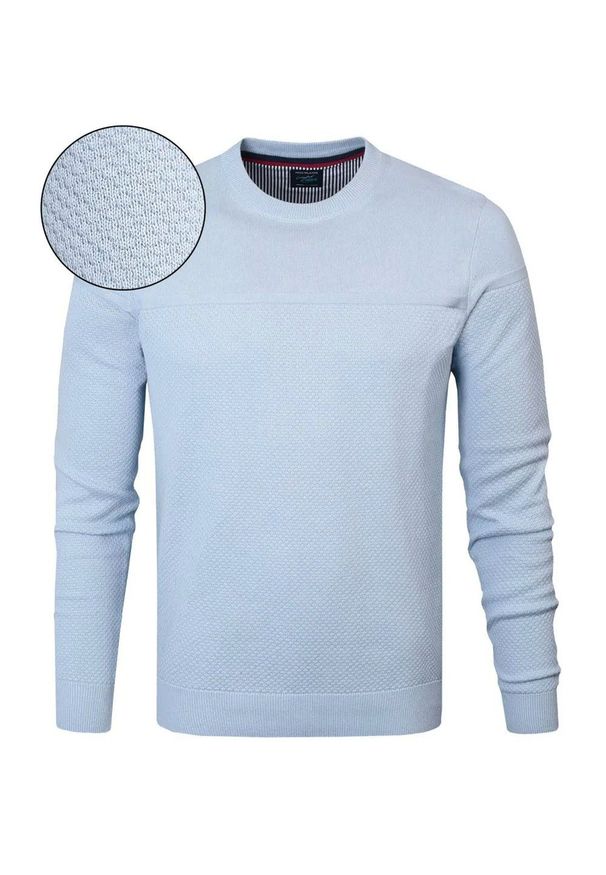 Bawełniany Męski Sweter z Okrągłym Dekoltem (U-Neck) - Pako Jeans - Błękitny. Okazja: na co dzień, na spotkanie biznesowe, do pracy. Kolor: niebieski. Materiał: bawełna. Styl: klasyczny, elegancki, biznesowy, casual