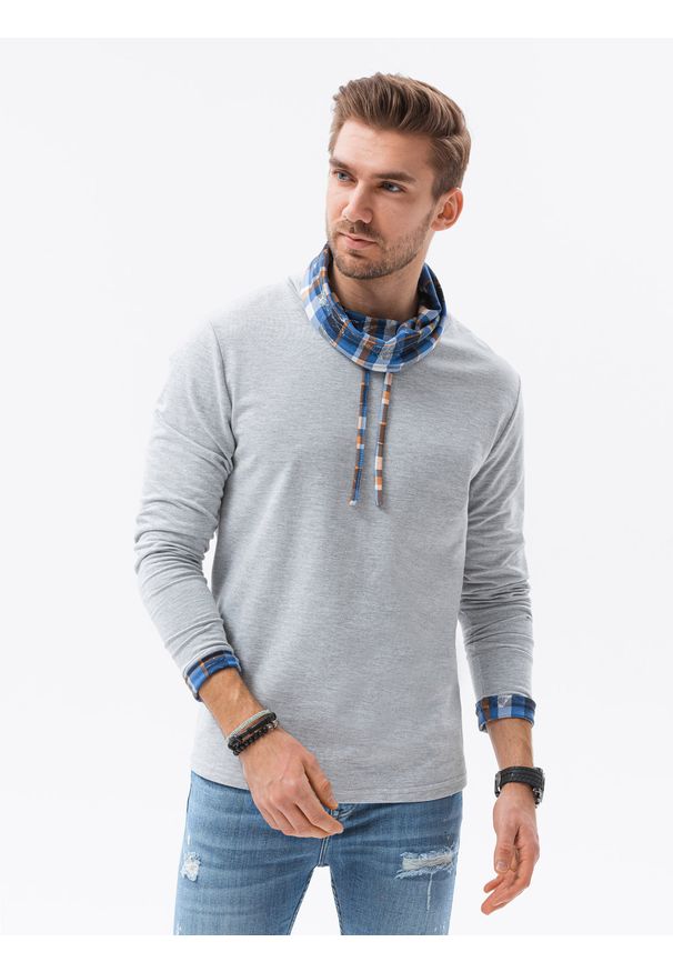Szara bluza Ombre Clothing ze stójką, w kratkę