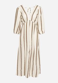 Born2be - Beżowa Taliowana Sukienka z Bawełny z Motywem Pasków Rivettes. Okazja: do pracy, na co dzień. Typ kołnierza: dekolt w kształcie V. Kolor: beżowy. Materiał: bawełna. Wzór: aplikacja. Typ sukienki: proste. Styl: elegancki, casual, klasyczny #6