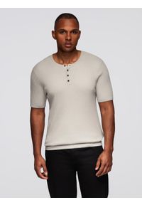 Ombre Clothing - Męski t-shirt dzianinowy z guzikami przy dekolcie – jasnoszary V3 - Rozmiar: XL. Okazja: na co dzień. Kolor: szary. Materiał: dzianina. Wzór: paski. Styl: casual, elegancki #4