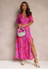 Renee - Fuksjowa Rozkloszowana Sukienka Maxi z Wycięciami Aleri. Kolor: różowy. Długość: maxi