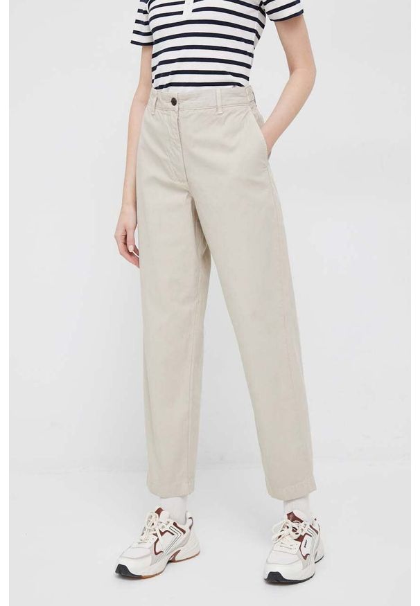 TOMMY HILFIGER - Tommy Hilfiger spodnie bawełniane kolor beżowy proste high waist. Stan: podwyższony. Kolor: beżowy. Materiał: bawełna