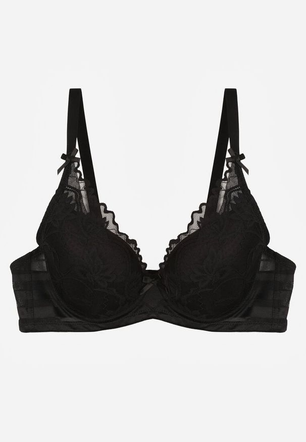 Renee - Czarny Biustonosz Ozdobiony Koronką i Kokardkami Sellene. Kolor: czarny. Materiał: koronka. Wzór: aplikacja, koronka