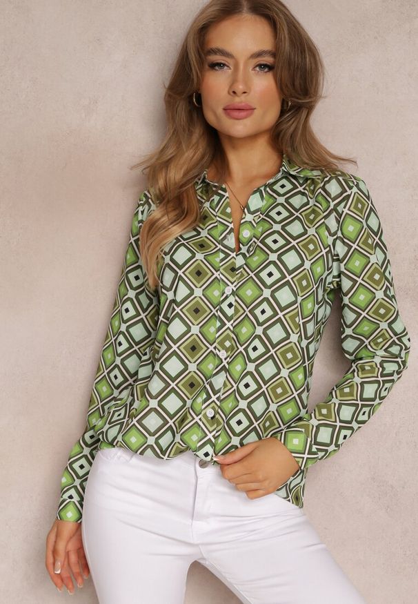 Renee - Jasnozielona Koszula w Kwadraty Uaini. Kolor: zielony. Materiał: materiał. Długość rękawa: długi rękaw. Długość: długie. Wzór: geometria. Styl: klasyczny