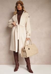 Renee - Beżowy Dwurzędowy Płaszcz Trencz o Eleganckim Kroju z Paskiem Edioneta. Okazja: do pracy. Kolor: beżowy. Materiał: jeans. Długość rękawa: długi rękaw. Długość: długie. Styl: elegancki #3