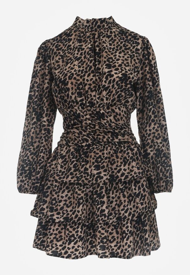 Renee - Brązowa Mini Sukienka o Rozkloszowanym Fasonie w Cętki z Falbankami Gerttera. Okazja: na co dzień. Typ kołnierza: kołnierz z falbankami. Kolor: brązowy. Długość rękawa: na ramiączkach. Styl: klasyczny, casual. Długość: mini