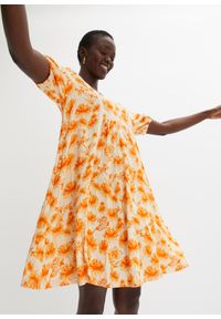 bonprix - Sukienka tunikowa z tkaniny z koronkowymi wstawkami. Kolor: pomarańczowy. Materiał: tkanina, koronka. Wzór: koronka