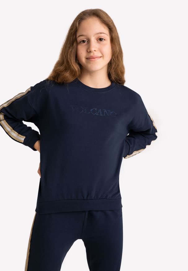 Volcano - Dziewczęca bluza z aplikacjami z koralików B-NINO JUNIOR. Kolor: niebieski. Materiał: bawełna, elastan, materiał, dresówka, dzianina. Długość: krótkie. Wzór: aplikacja