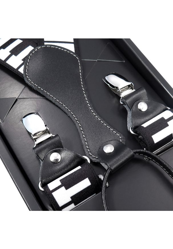 Modini - Biało-czarne szelki męskie w klawisze fortepianowe SZ62. Kolor: wielokolorowy, czarny, biały. Materiał: skóra, guma