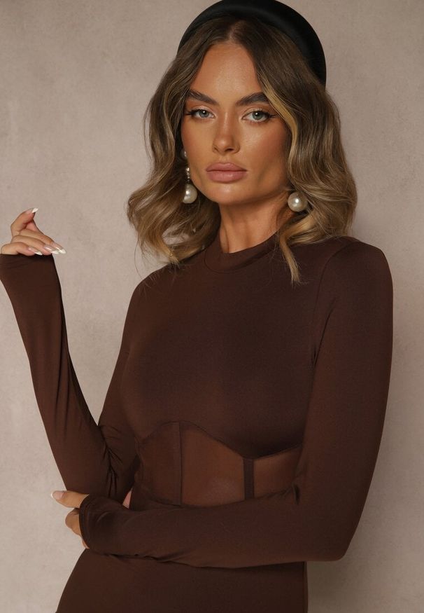 Renee - Brązowa Sukienka Vices Bodycon z Transparentną Wstawką Typu Gorset Necotte. Okazja: na imprezę, na randkę. Typ kołnierza: dekolt gorset. Kolor: brązowy. Typ sukienki: gorsetowe, bodycon. Styl: klasyczny