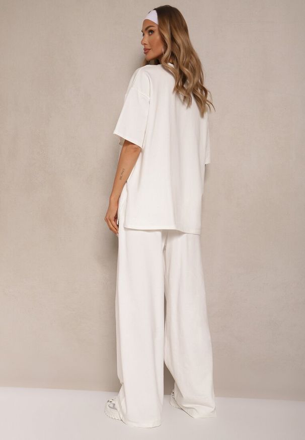 Renee - Jasnobeżowy Komplet z Bawełny T-shirt z Rozcięciami i Spodnie o Szerokim Kroju Elpiola. Kolor: beżowy. Materiał: bawełna