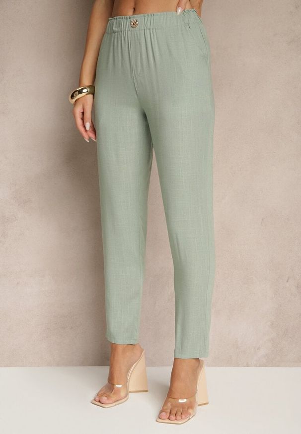 Renee - Zielone Casualowe Spodnie z Lnem z Gumką w Pasie Filanisse. Okazja: na co dzień. Kolor: zielony. Materiał: len. Styl: casual