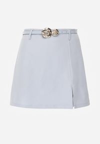 Renee - Niebieskie Spódnico-Szorty High Waist Ozdobione Metaliczną Aplikacją i Paskiem Retness. Okazja: na co dzień. Stan: podwyższony. Kolor: niebieski. Wzór: aplikacja. Styl: casual #4