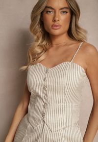 Renee - Beżowy Komplet z Wiskozy w Pionowe Prążki Top i Szerokie Spodnie Miltebia. Kolor: beżowy. Materiał: wiskoza. Wzór: prążki