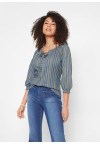 bonprix - Tunika T-shirtowa z rękawami 3/4, w paski. Kolor: niebieski. Wzór: paski #1