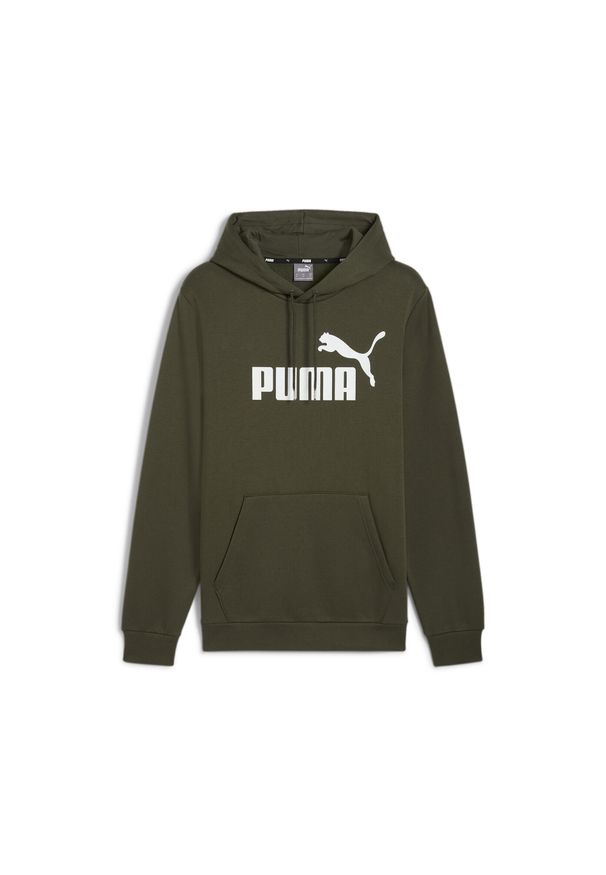 Puma - Męska bluza z kapturem z dużym logo Essentials PUMA Dark Olive Green. Typ kołnierza: kaptur. Kolor: zielony