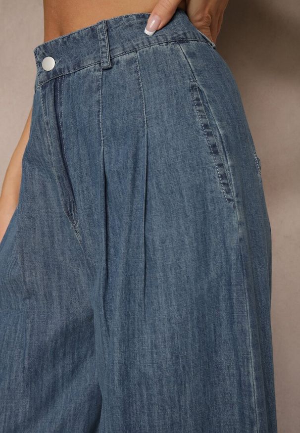Renee - Granatowe Szerokie Jeansy z Bawełny High Waist Cohna. Okazja: na co dzień. Stan: podwyższony. Kolor: niebieski. Sezon: lato, wiosna. Styl: sportowy, casual