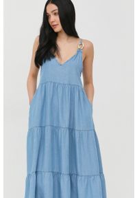 Patrizia Pepe sukienka midi rozkloszowana. Kolor: niebieski. Materiał: tkanina. Długość rękawa: na ramiączkach. Typ sukienki: rozkloszowane. Długość: midi #5